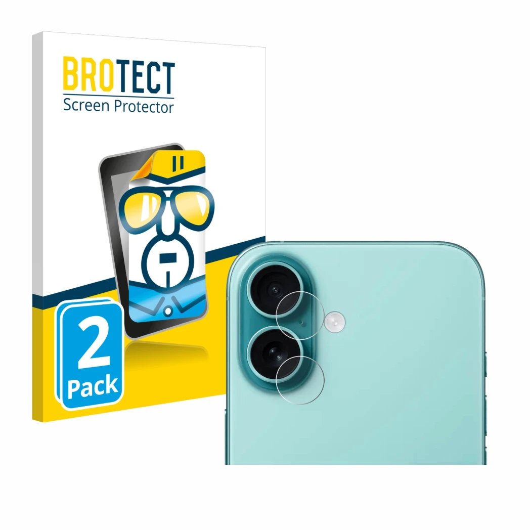 Parte frontal de un envase de producto con el logotipo de la marca BROTECT. Al lado se muestra el dispositivo Apple iPhone 16