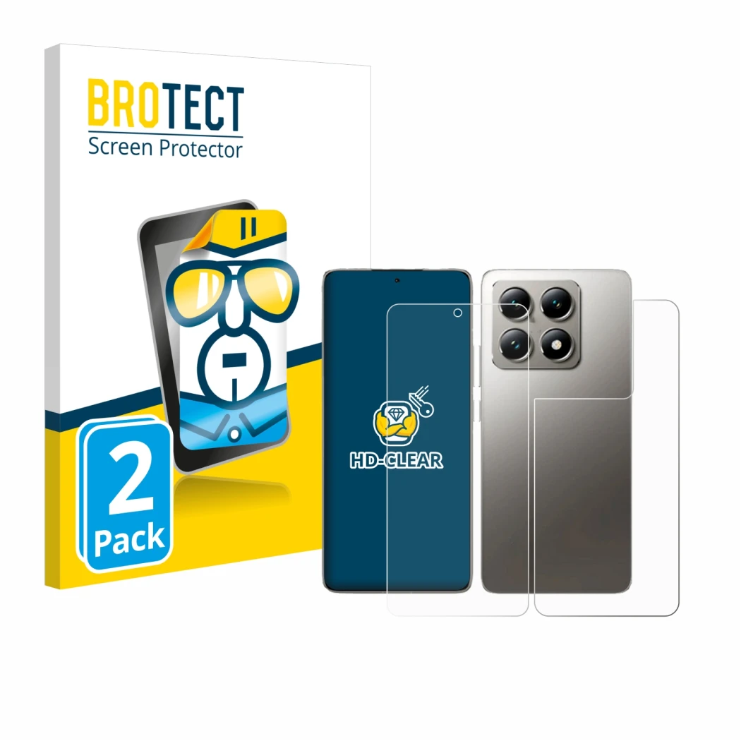 Parte frontal de un envase de producto con el logotipo de la marca BROTECT. Al lado se muestra el dispositivo Xiaomi 14T Pro (