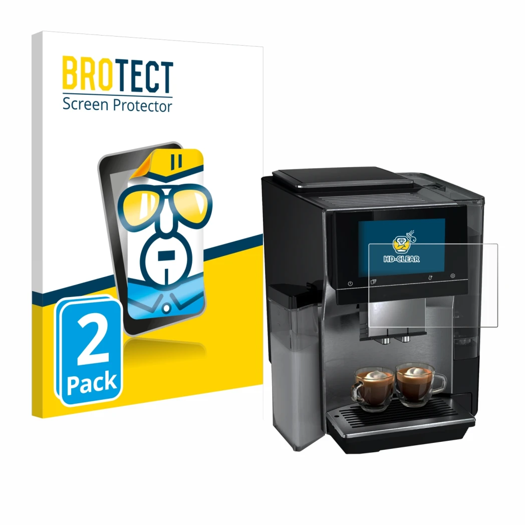 Parte frontal de un envase de producto con el logotipo de la marca BROTECT. Al lado se muestra el dispositivo Siemens EQ700 co
