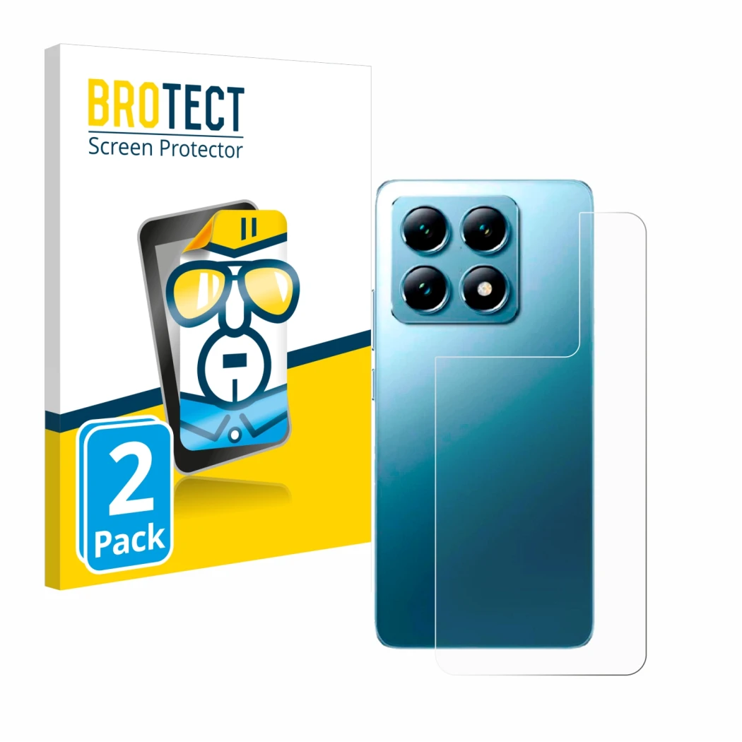 Parte frontal de un envase de producto con el logotipo de la marca BROTECT. Al lado se muestra el dispositivo Xiaomi 14T (Tras