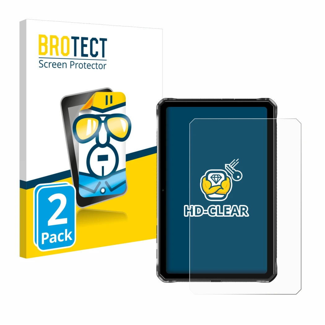 Parte frontal de un envase de producto con el logotipo de la marca BROTECT. Al lado se muestra el dispositivo Doogee R10 con s