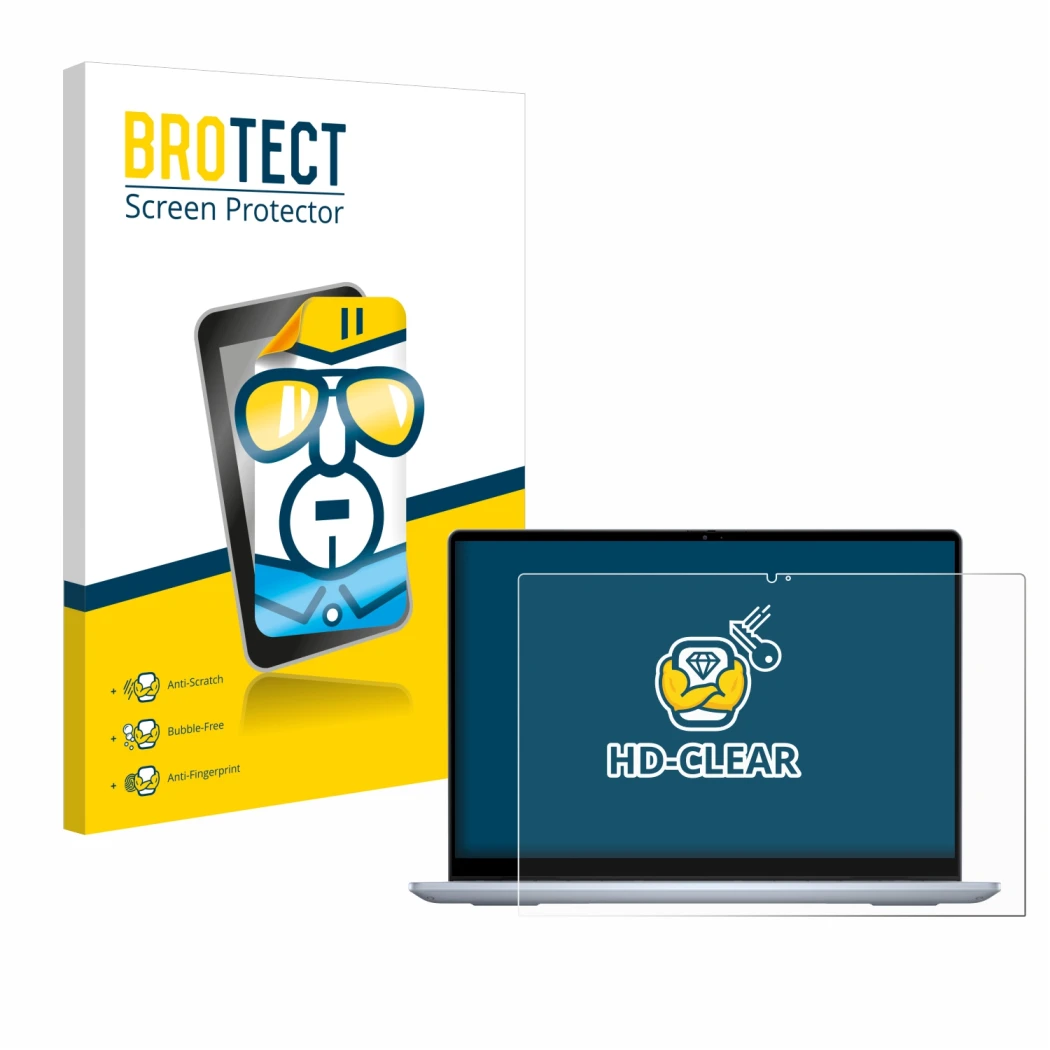 Parte frontal de un envase de producto con el logotipo de la marca BROTECT. Al lado se muestra el dispositivo Dell Inspiron 14