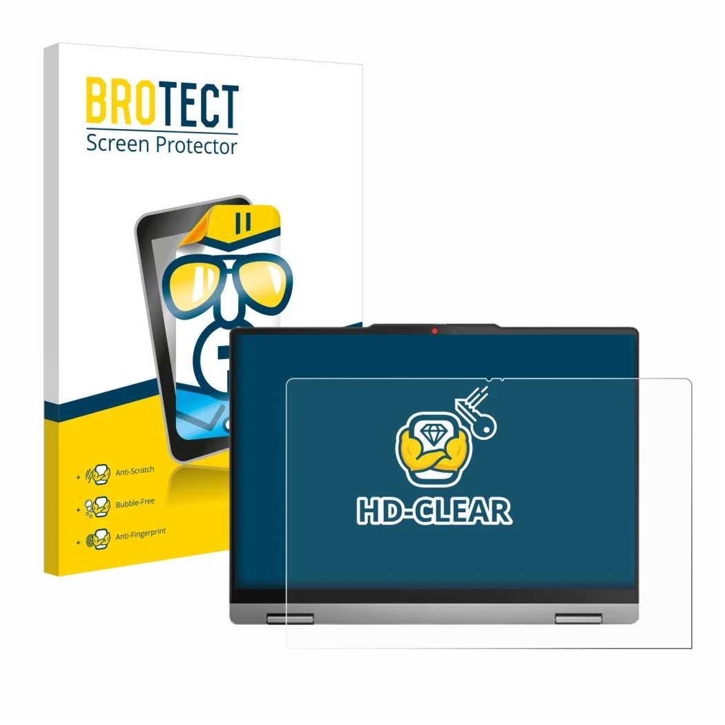 Parte frontal de un envase de producto con el logotipo de la marca BROTECT. Al lado se muestra el dispositivo Lenovo IdeaPad 5