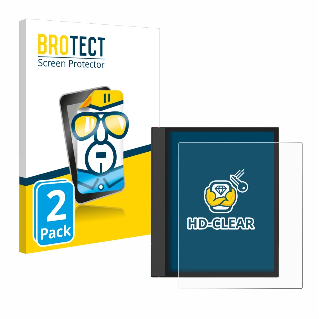 Parte frontal de un envase de producto con el logotipo de la marca BROTECT. Al lado se muestra el dispositivo Boox Note Air 4 