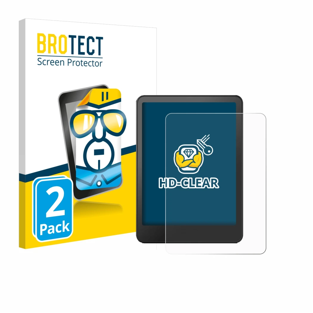 Parte frontal de un envase de producto con el logotipo de la marca BROTECT. Al lado se muestra el dispositivo Amazon Kindle Co