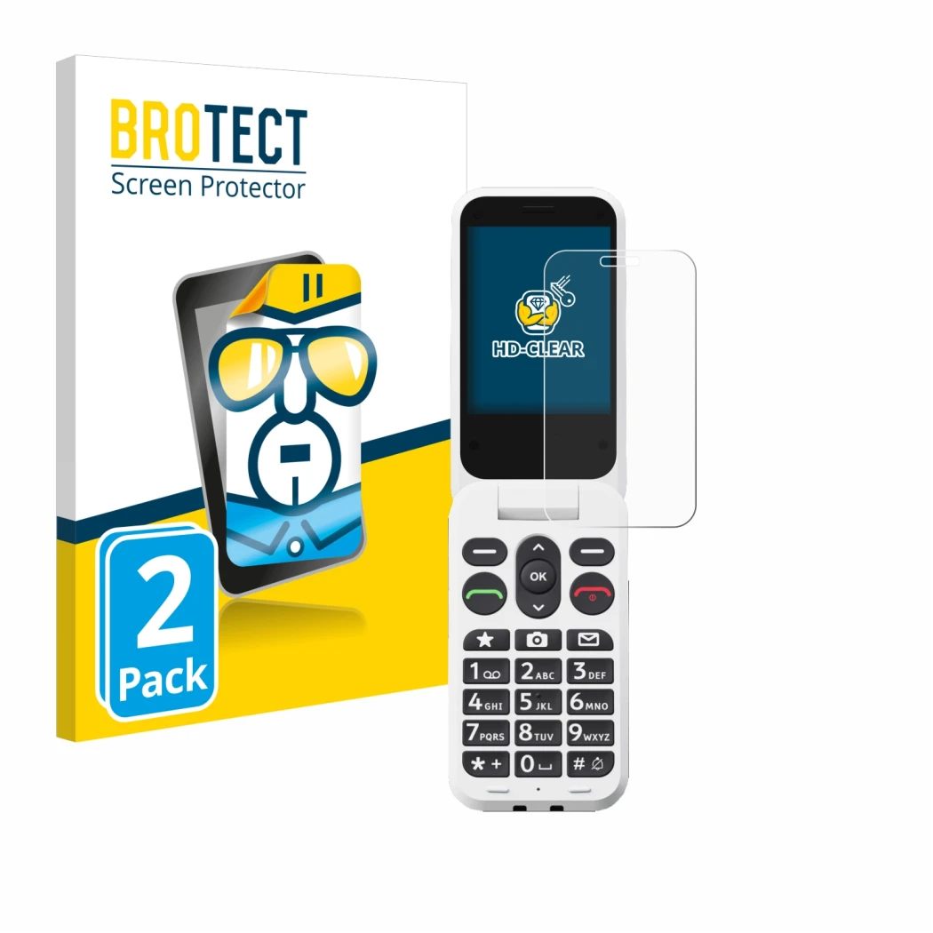 Parte frontal de un envase de producto con el logotipo de la marca BROTECT. Al lado se muestra el dispositivo Doro Leva L30 co