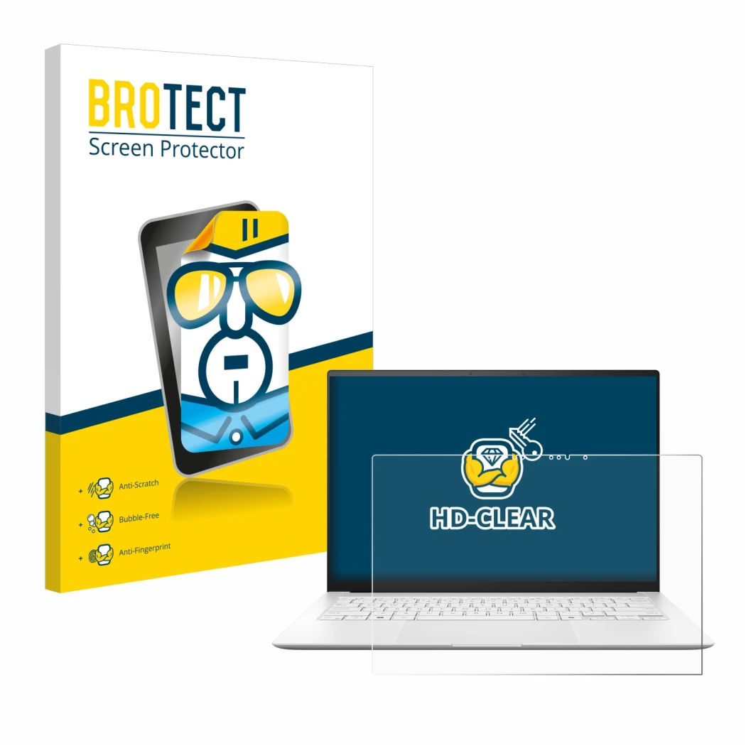 Parte frontal de un envase de producto con el logotipo de la marca BROTECT. Al lado se muestra el dispositivo ASUS ZenBook S 1