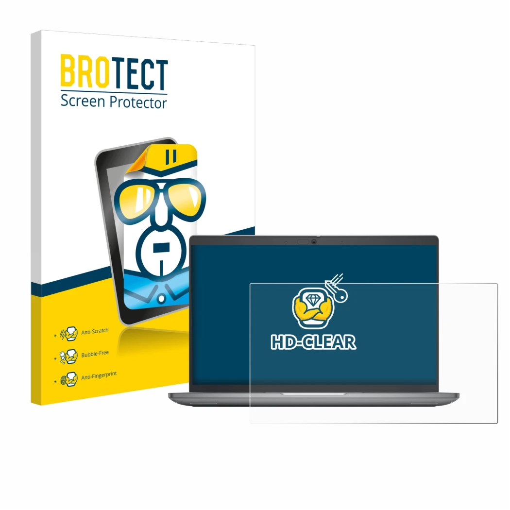 Parte frontal de un envase de producto con el logotipo de la marca BROTECT. Al lado se muestra el dispositivo Dell Latitude 54