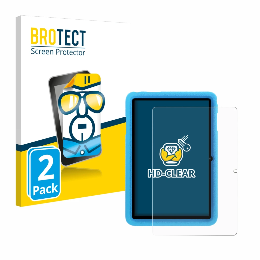 Parte frontal de un envase de producto con el logotipo de la marca BROTECT. Al lado se muestra el dispositivo Blackview Tab 8 