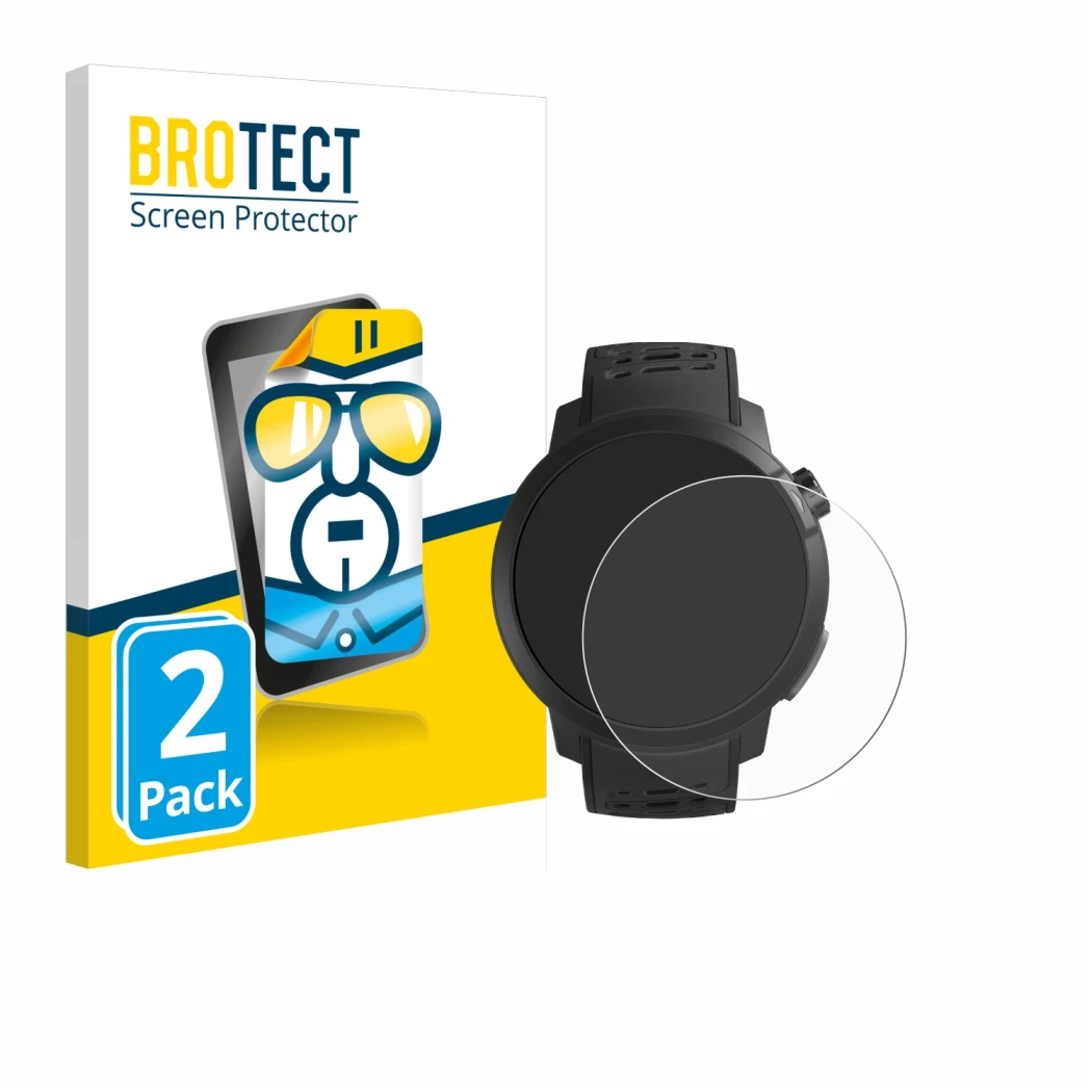 Parte frontal de un envase de producto con el logotipo de la marca BROTECT. Al lado se muestra el dispositivo Coros Pace Pro c