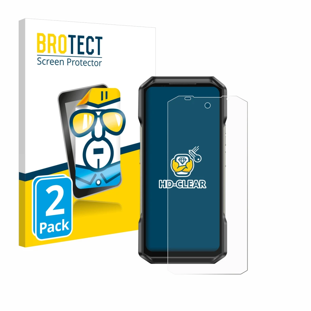 Parte frontal de un envase de producto con el logotipo de la marca BROTECT. Al lado se muestra el dispositivo Ulefone Armor 27