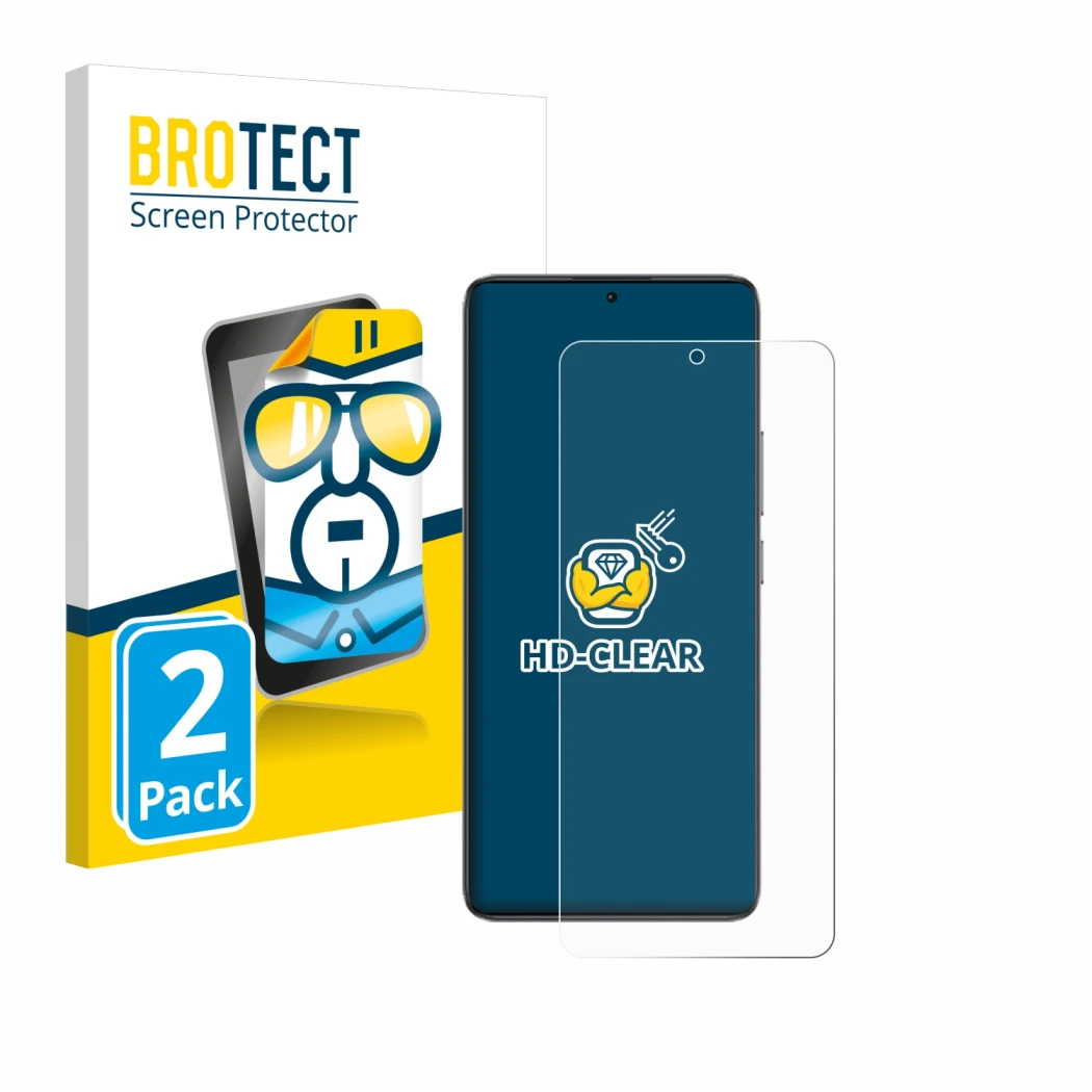 Parte frontal de un envase de producto con el logotipo de la marca BROTECT. Al lado se muestra el dispositivo Xiaomi Poco F7 P