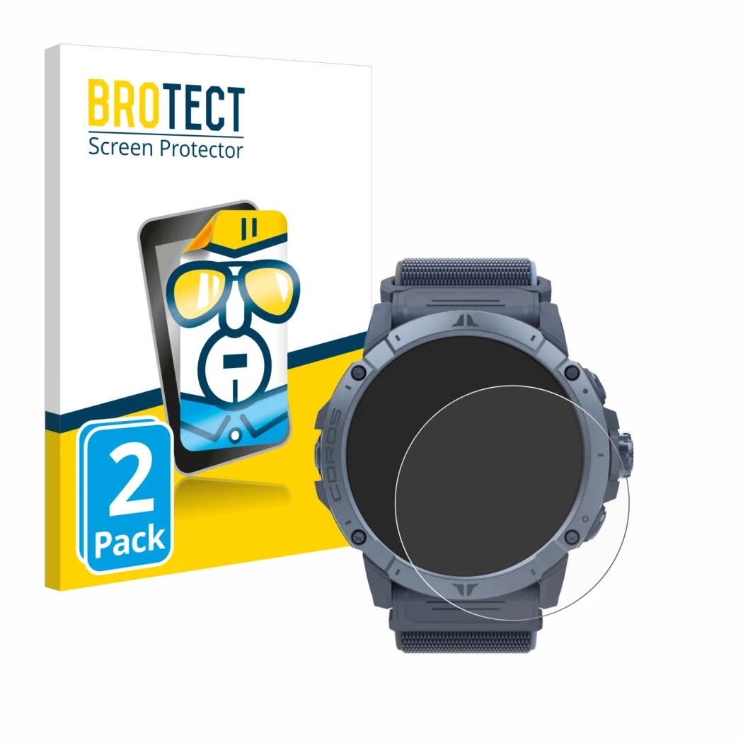 Parte frontal de un envase de producto con el logotipo de la marca BROTECT. Al lado se muestra el dispositivo Coros Vertix 2S