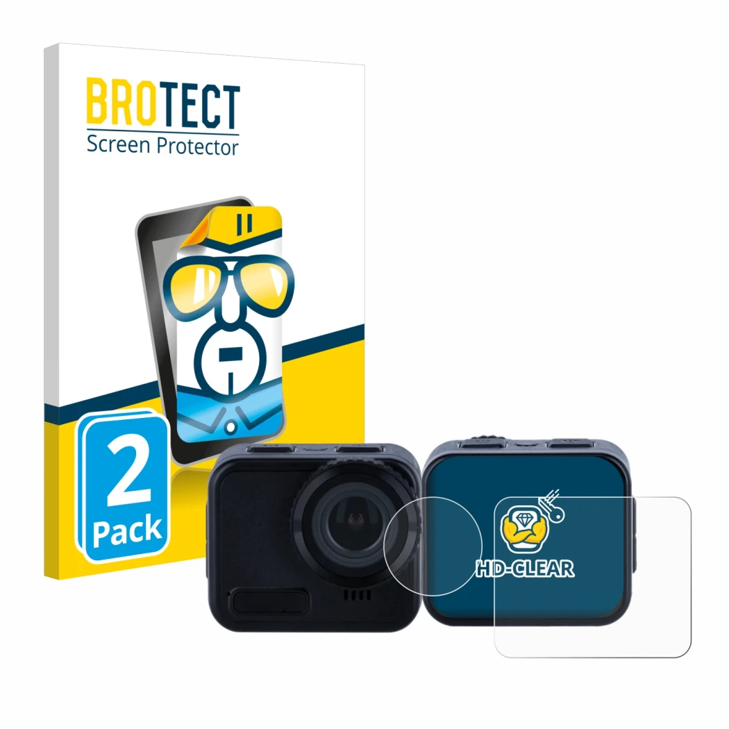 Parte frontal de un envase de producto con el logotipo de la marca BROTECT. Al lado se muestra el dispositivo Rollei 9s Cube c