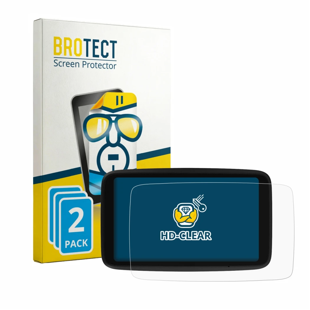 Parte frontal de un envase de producto con el logotipo de la marca BROTECT. Al lado se muestra el dispositivo TomTom GO Advanc