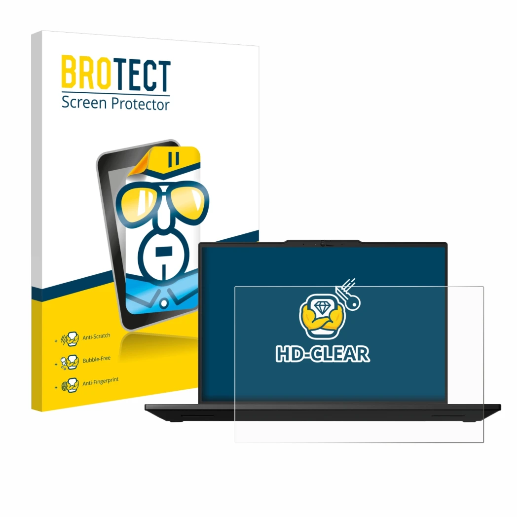 Parte frontal de un envase de producto con el logotipo de la marca BROTECT. Al lado se muestra el dispositivo Lenovo ThinkPad