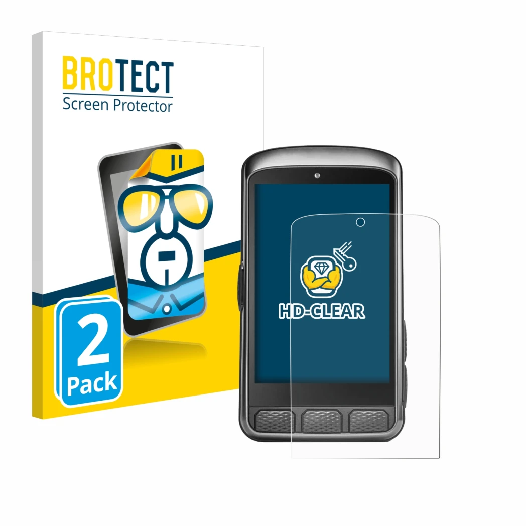 Parte frontal de un envase de producto con el logotipo de la marca BROTECT. Al lado se muestra el dispositivo Wahoo Elemnt ACE