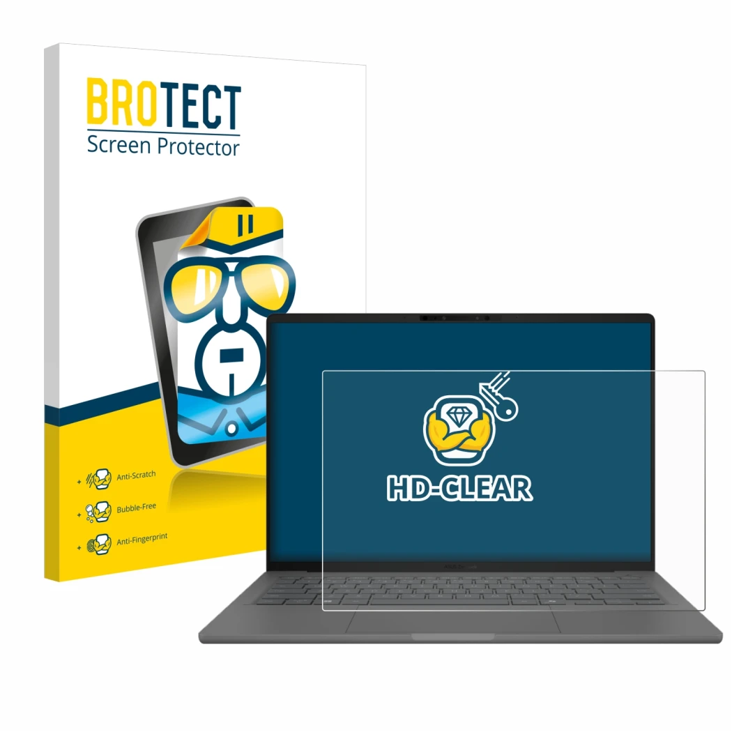 Parte frontal de un envase de producto con el logotipo de la marca BROTECT. Al lado se muestra el dispositivo ASUS ZenBook A14