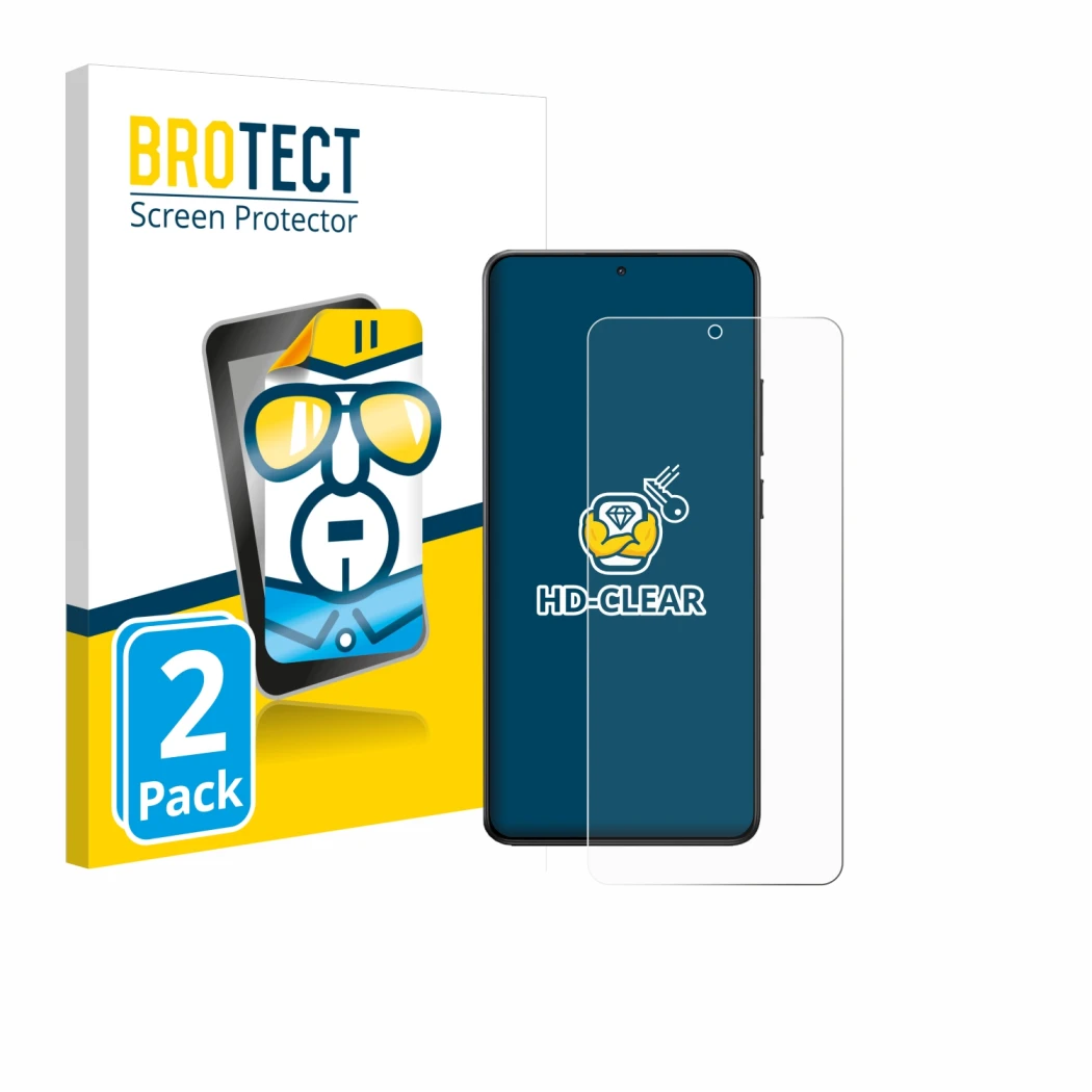 Parte frontal de un envase de producto con el logotipo de la marca BROTECT. Al lado se muestra el dispositivo Xiaomi Poco X7 P