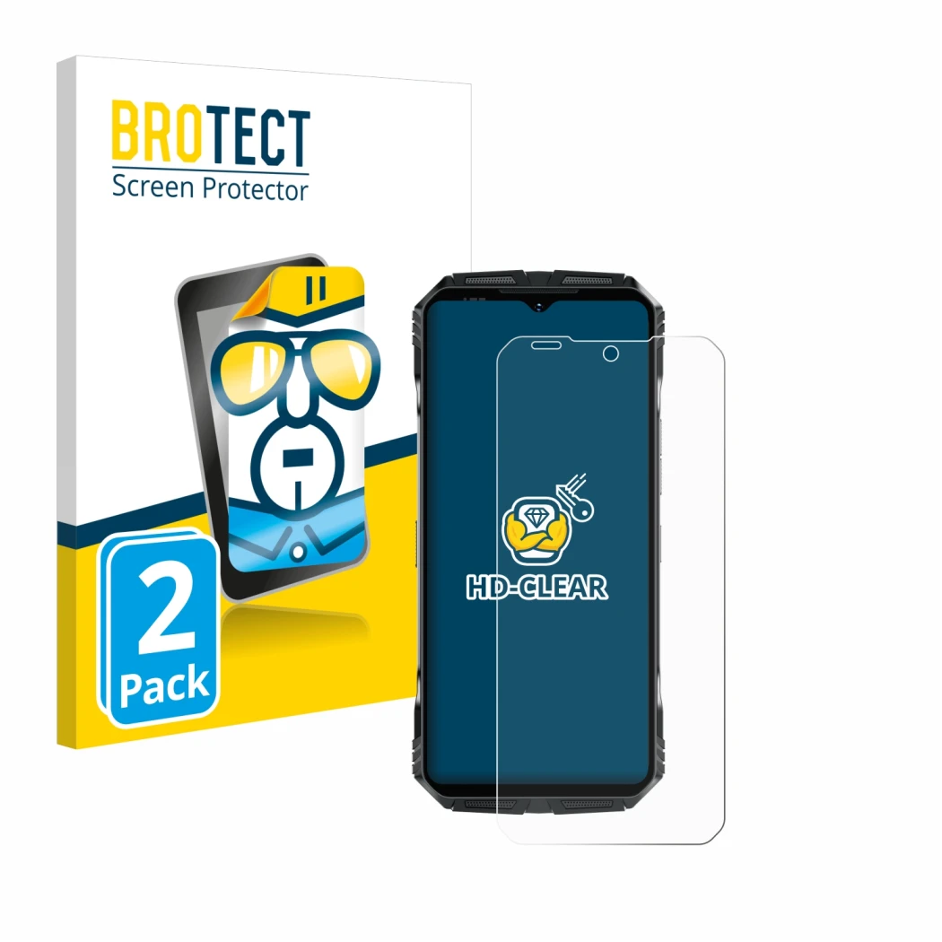 Parte frontal de un envase de producto con el logotipo de la marca BROTECT. Al lado se muestra el dispositivo Doogee S118 Pro