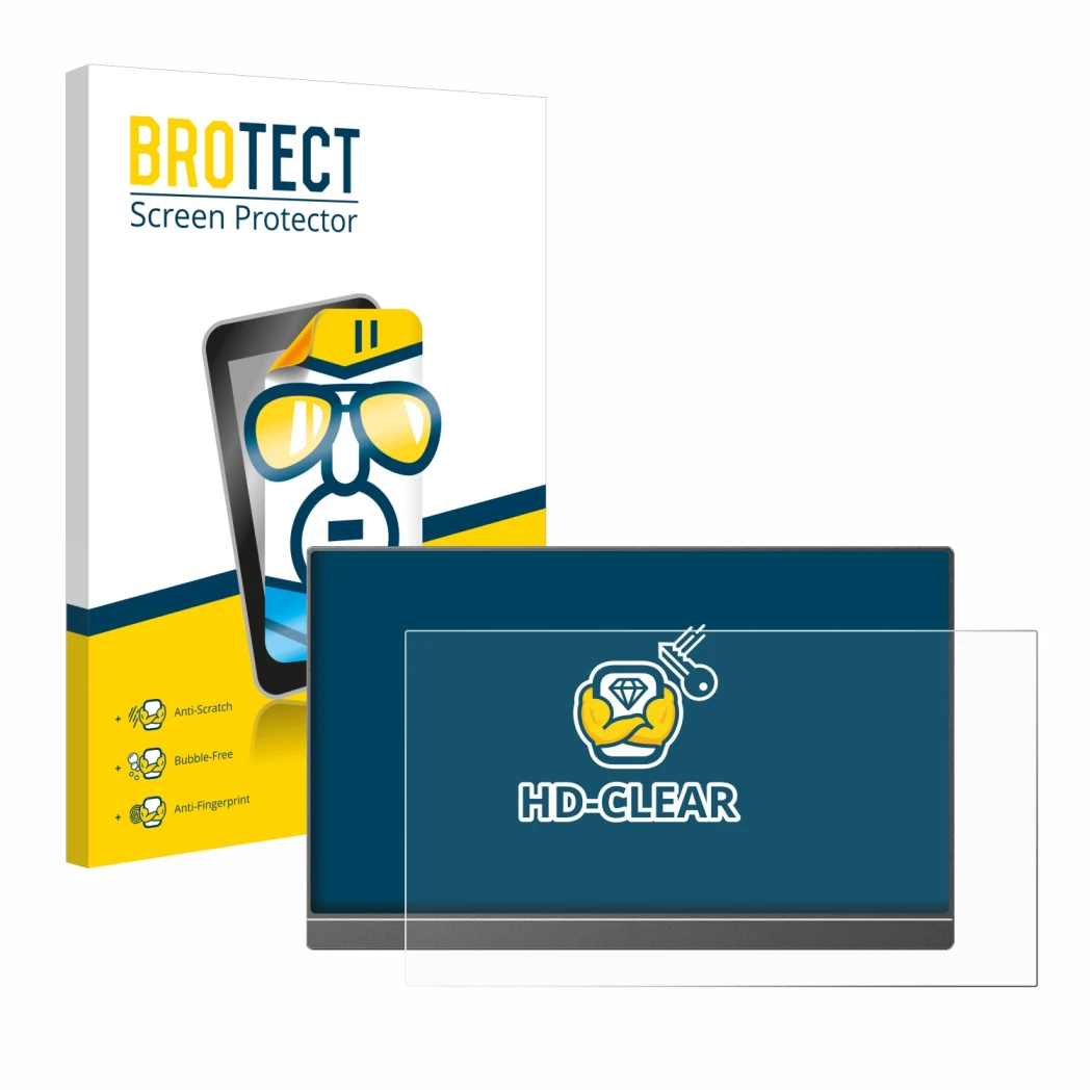 Parte frontal de un envase de producto con el logotipo de la marca BROTECT. Al lado se muestra el dispositivo Arzopa Z1FC 16.1