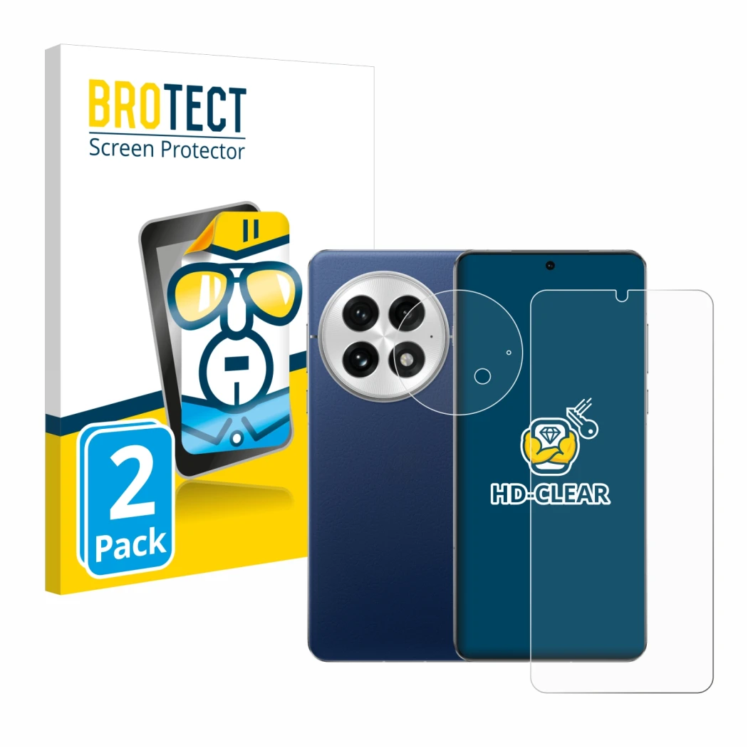 Parte frontal de un envase de producto con el logotipo de la marca BROTECT. Al lado se muestra el dispositivo OnePlus 13 (Fron