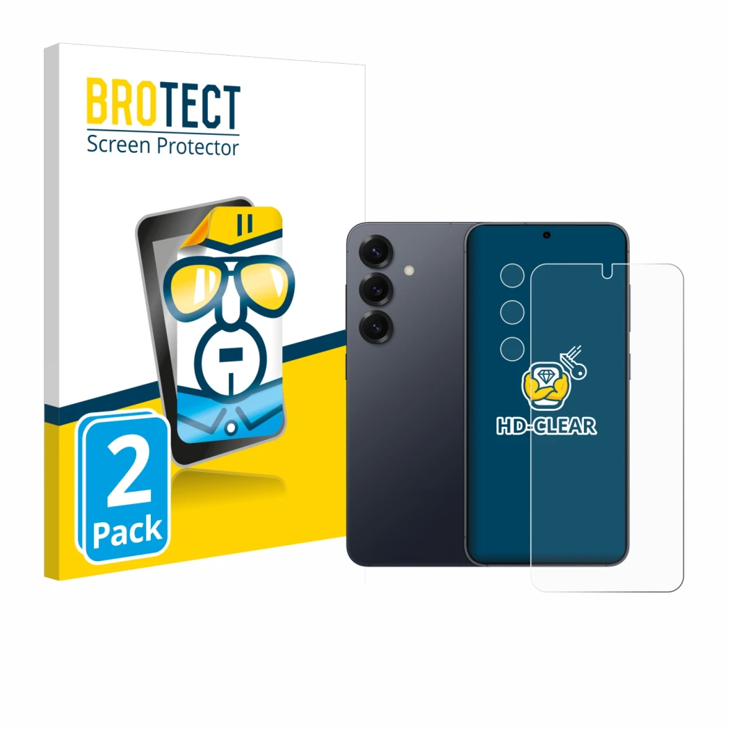 Parte frontal de un envase de producto con el logotipo de la marca BROTECT. Al lado se muestra el dispositivo Samsung Galaxy S