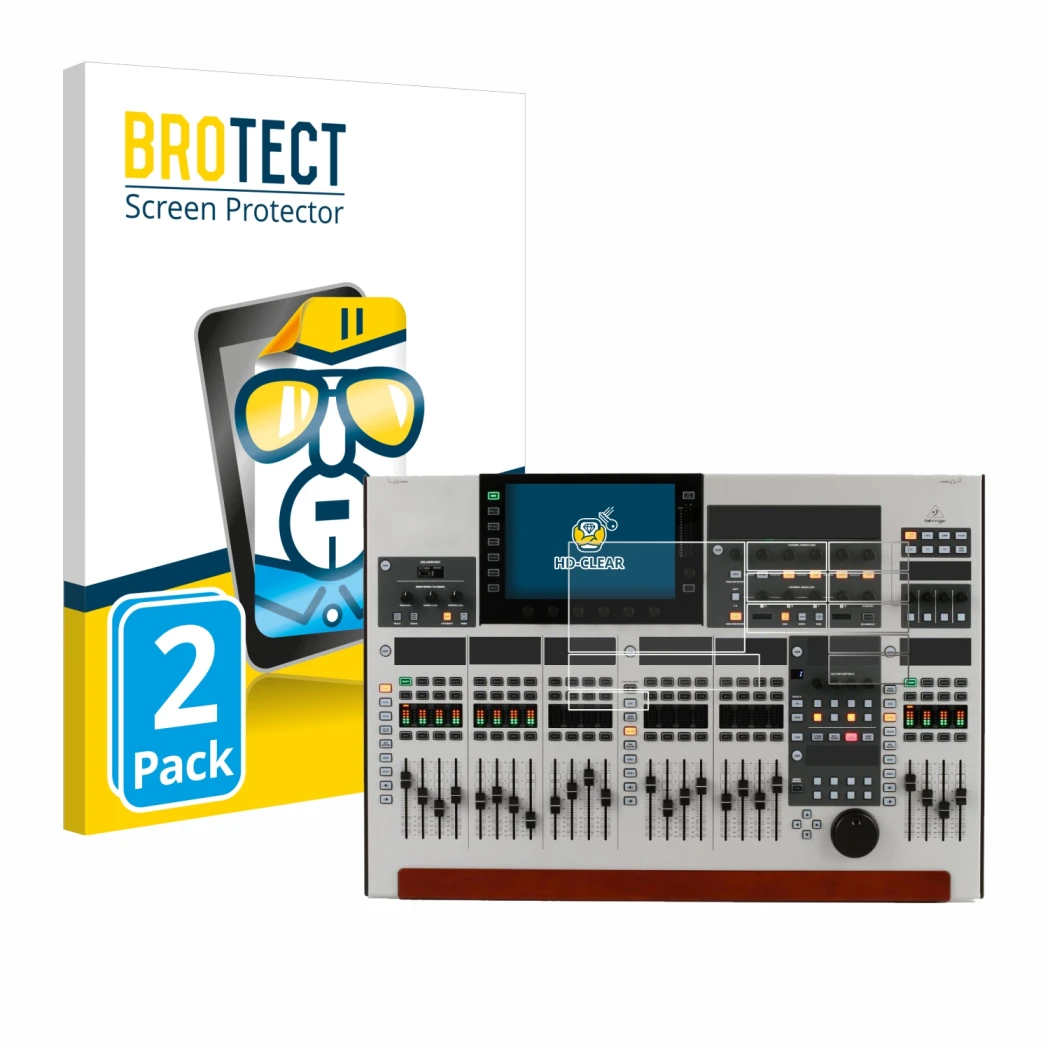 Parte frontal de un envase de producto con el logotipo de la marca BROTECT. Al lado se muestra el dispositivo Behringer Wing (