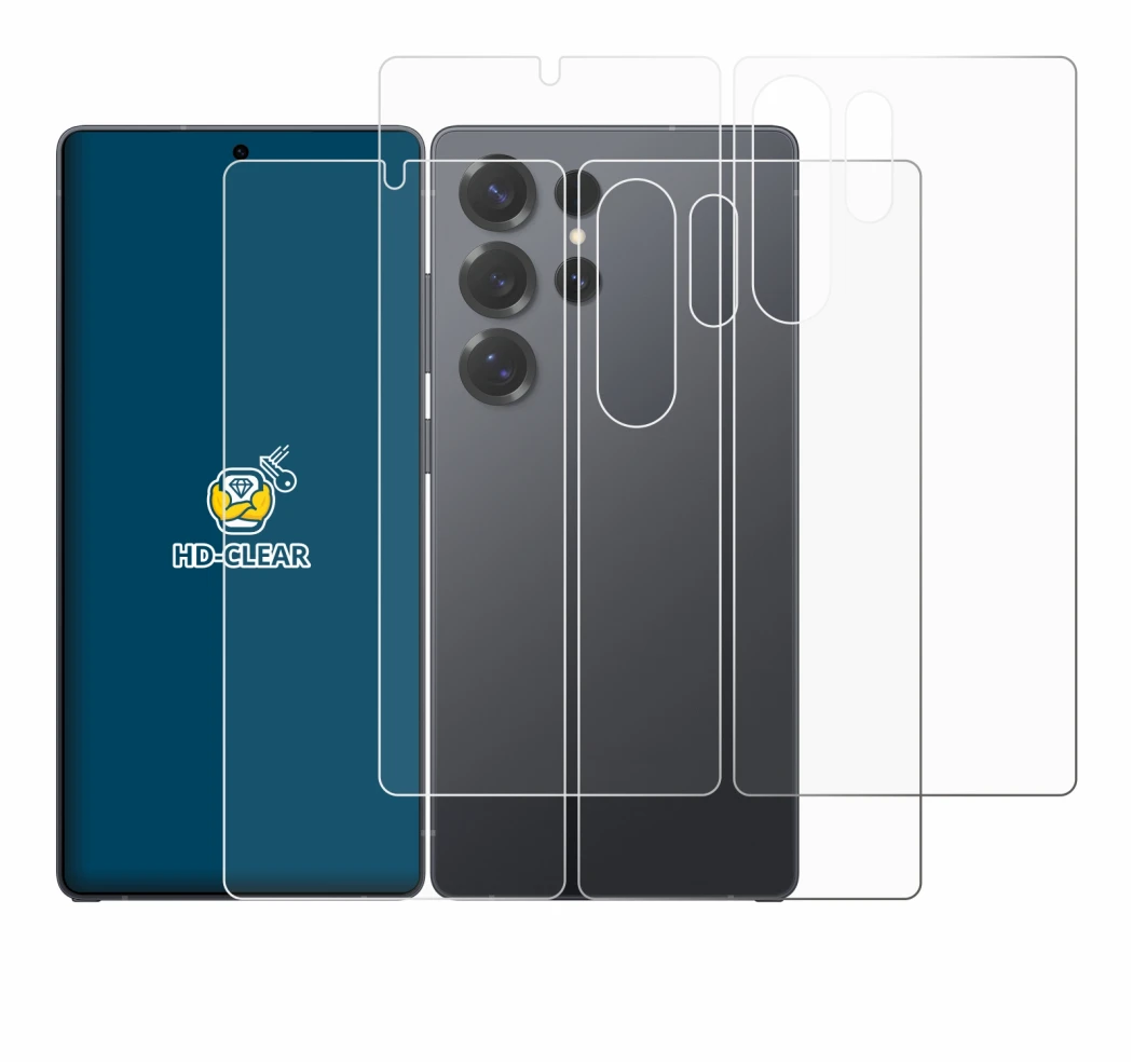 Imagen del dispositivo Samsung Galaxy S25 Ultra (Frontal+Trasero) con una amplia variedad de protectores de pantalla.