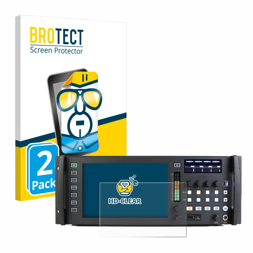Parte frontal de un envase de producto con el logotipo de la marca BROTECT. Al lado se muestra el dispositivo Behringer Wing R