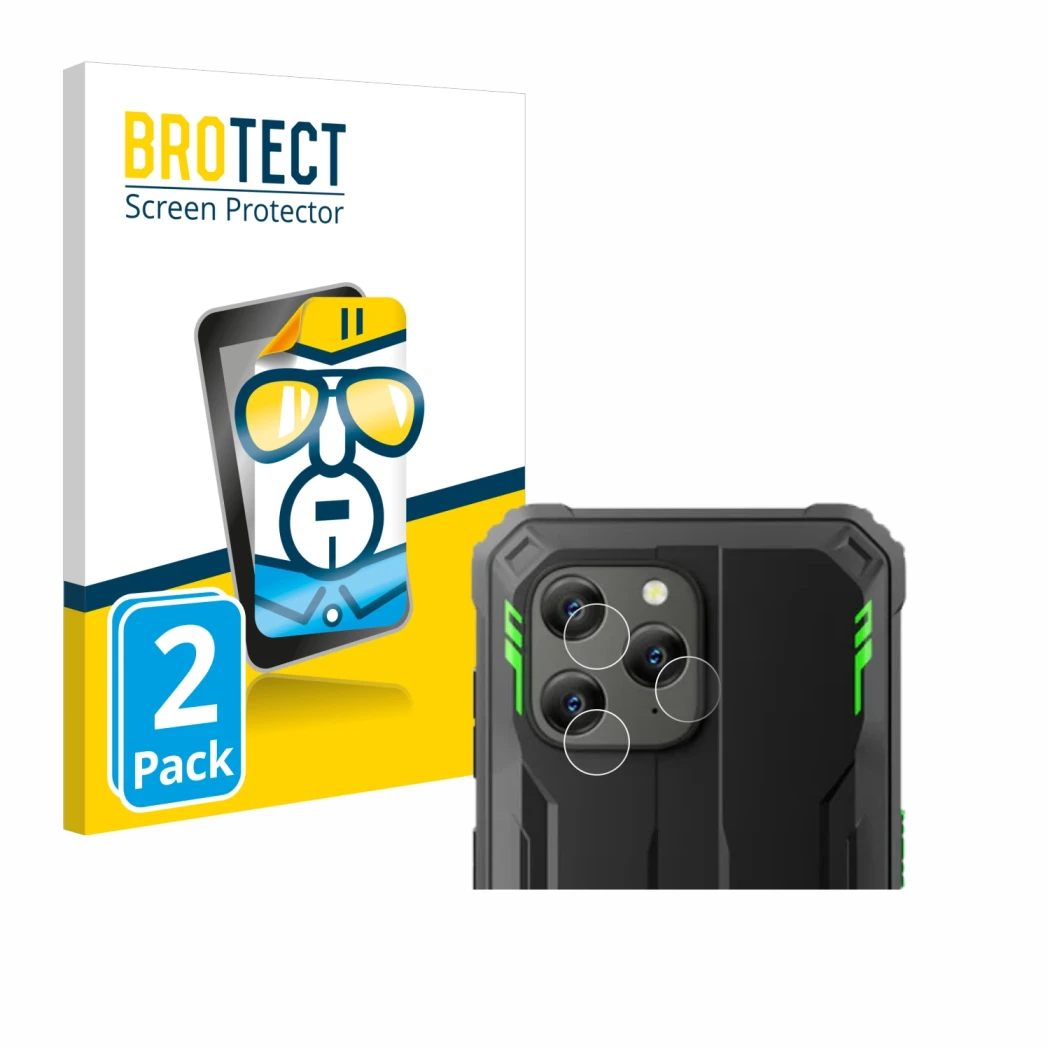 Parte frontal de un envase de producto con el logotipo de la marca BROTECT. Al lado se muestra el dispositivo Blackview BV5300