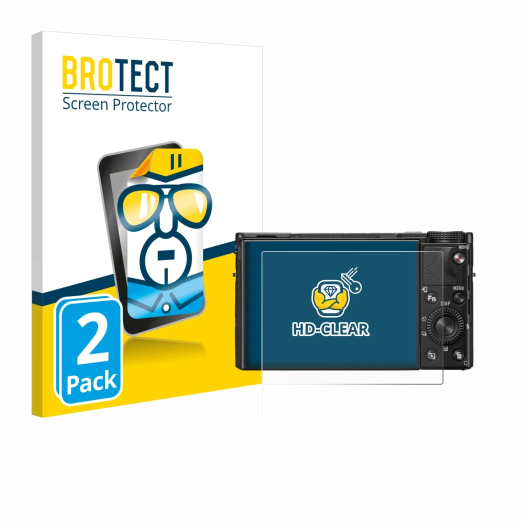 Parte frontal de un envase de producto con el logotipo de la marca BROTECT. Al lado se muestra el dispositivo Sony Cyber-Shot 