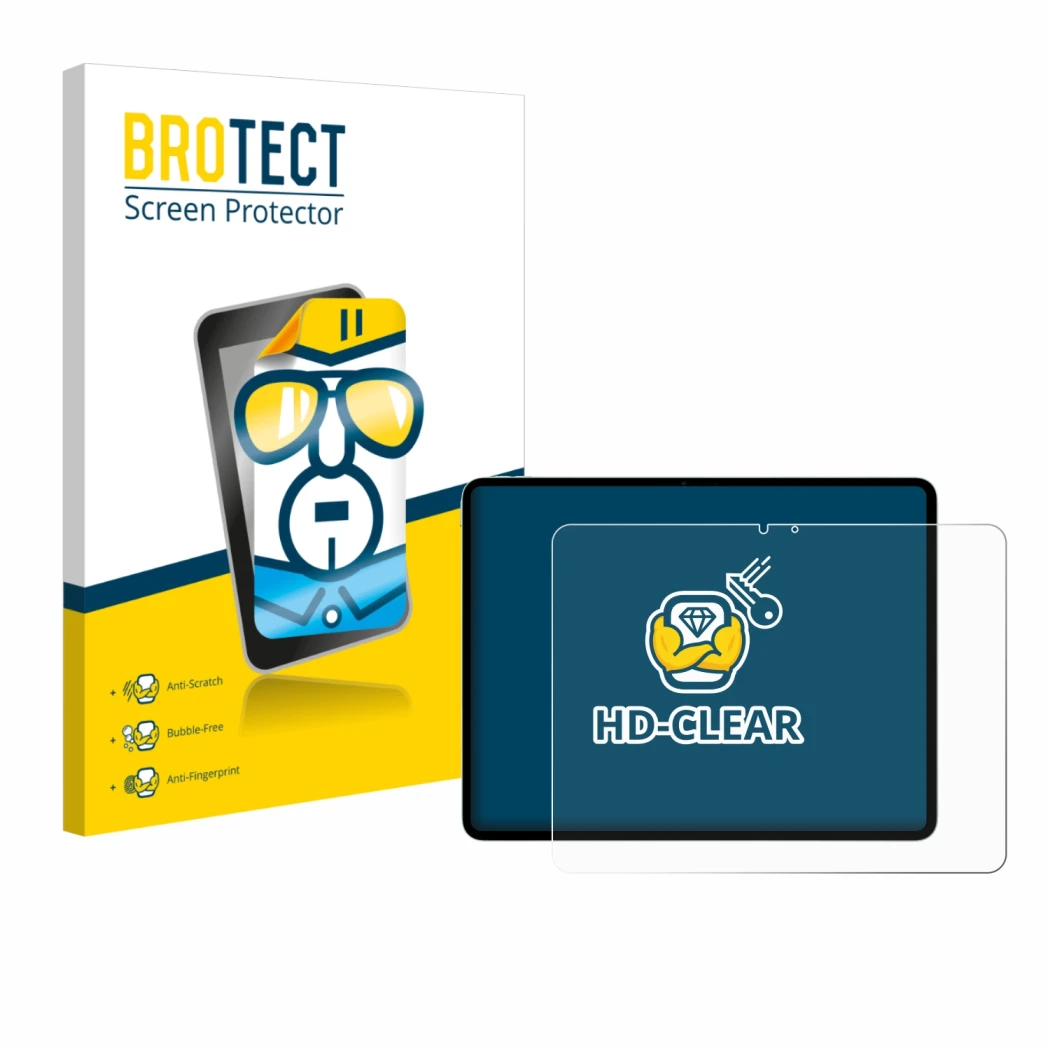 Parte frontal de un envase de producto con el logotipo de la marca BROTECT. Al lado se muestra el dispositivo Apple iPad Air 1