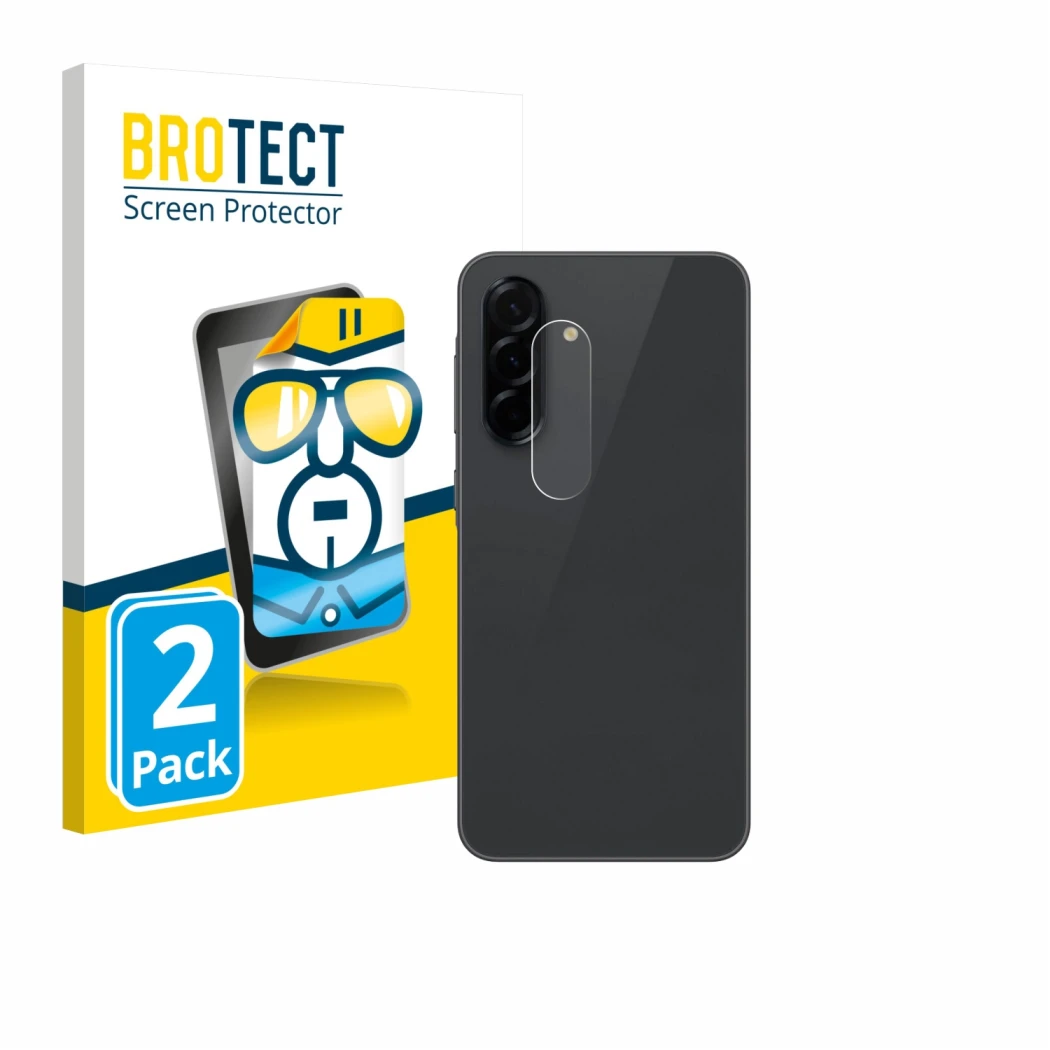 Parte frontal de un envase de producto con el logotipo de la marca BROTECT. Al lado se muestra el dispositivo Samsung Galaxy A