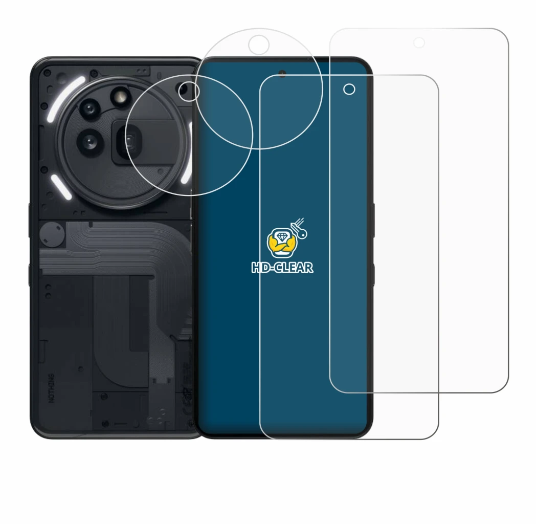 Imagen del dispositivo Nothing Phone (3a) Pro (Frontal+Cámara) con una amplia variedad de protectores de pantalla.