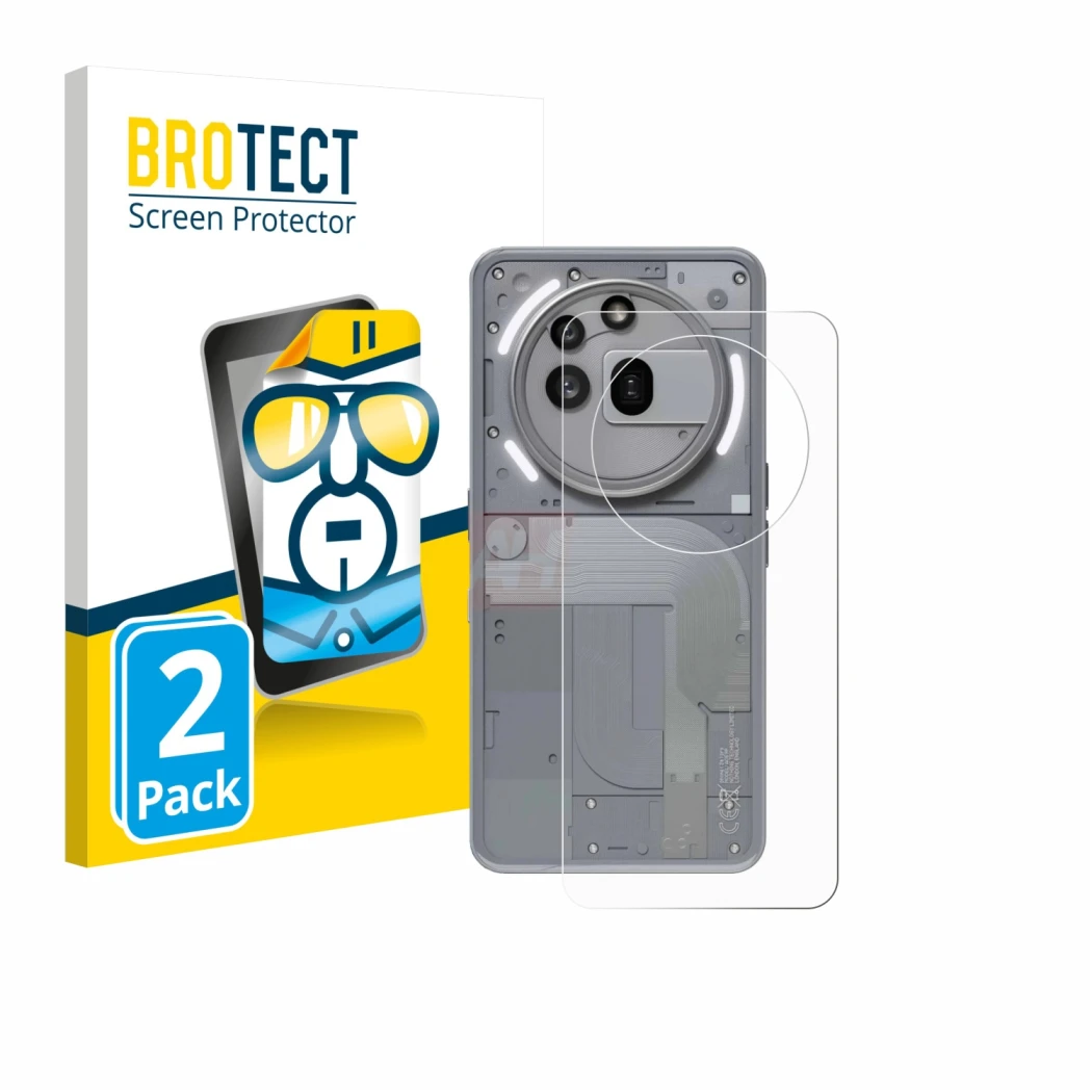 Parte frontal de un envase de producto con el logotipo de la marca BROTECT. Al lado se muestra el dispositivo Nothing Phone (3