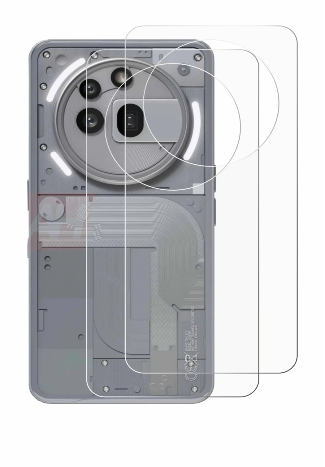 Imagen del dispositivo Nothing Phone (3a) Pro (Trasero) con una amplia variedad de protectores de pantalla.