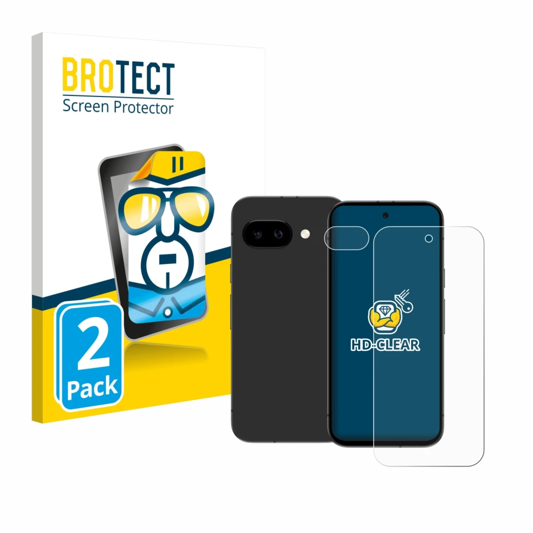 Parte frontal de un envase de producto con el logotipo de la marca BROTECT. Al lado se muestra el dispositivo Google Pixel 9a 