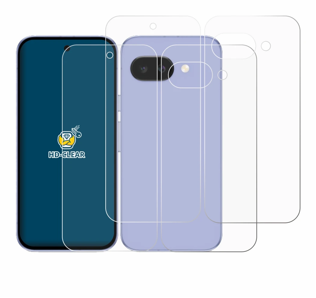 Imagen del dispositivo Google Pixel 9a (Frontal+Trasero) con una amplia variedad de protectores de pantalla.