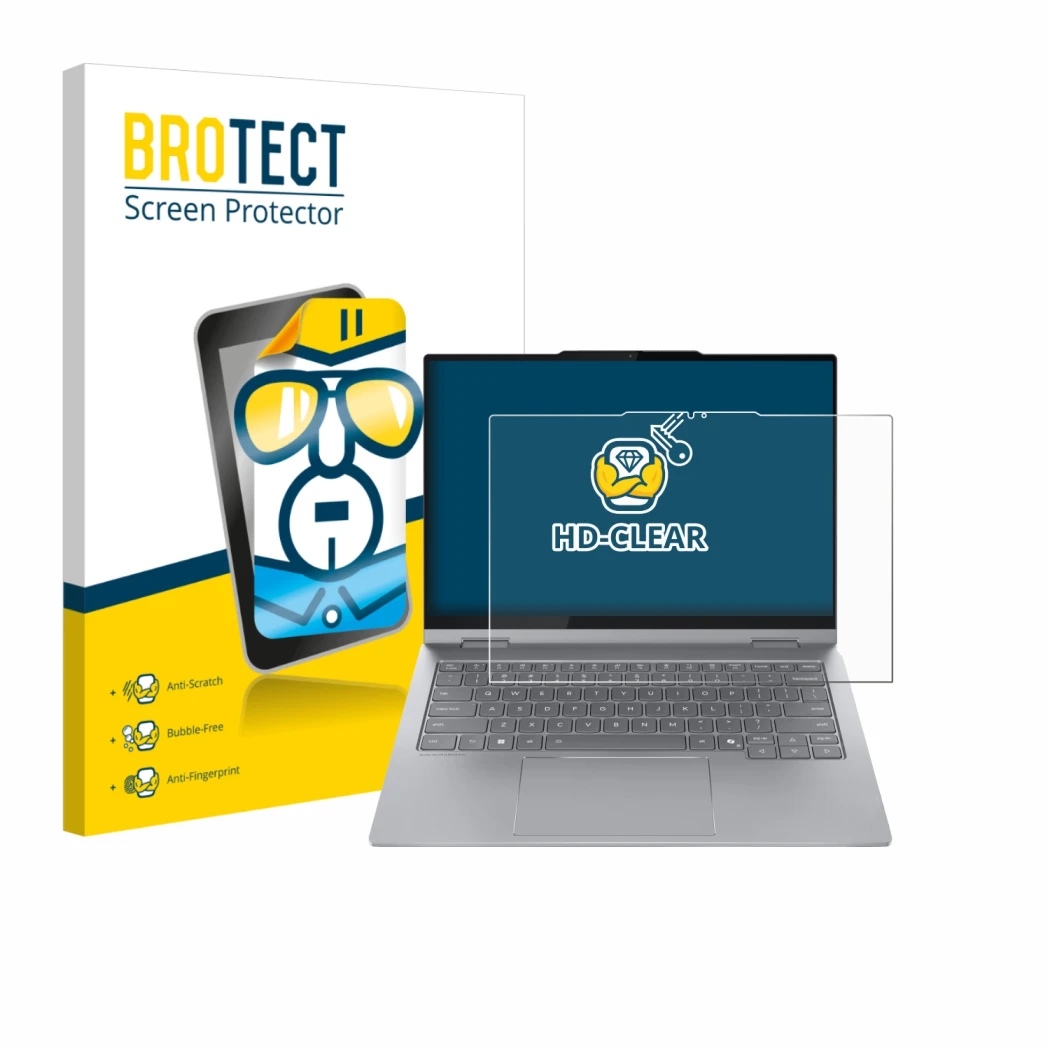 Parte frontal de un envase de producto con el logotipo de la marca BROTECT. Al lado se muestra el dispositivo Lenovo ThinkBook