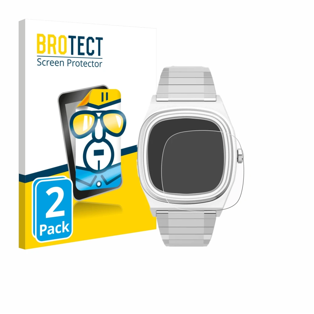 Parte frontal de un envase de producto con el logotipo de la marca BROTECT. Al lado se muestra el dispositivo Timex Reissue 19