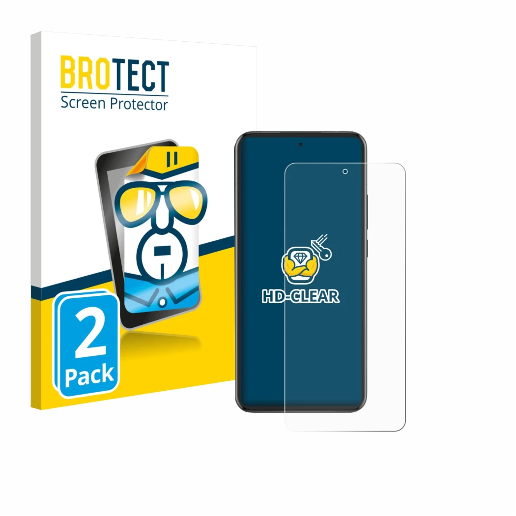 Parte frontal de un envase de producto con el logotipo de la marca BROTECT. Al lado se muestra el dispositivo Oppo Reno 13 Pro