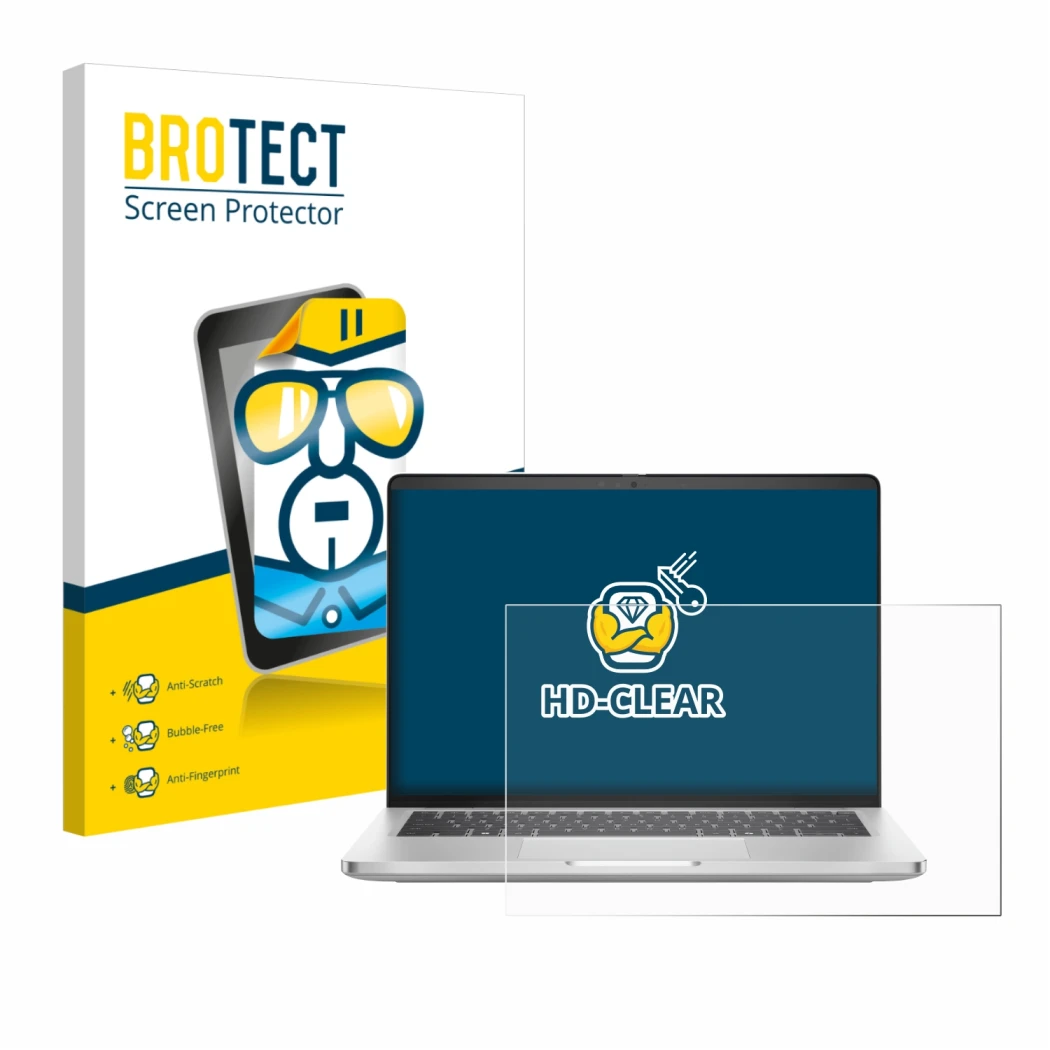 Parte frontal de un envase de producto con el logotipo de la marca BROTECT. Al lado se muestra el dispositivo Dell Pro 14 Plus