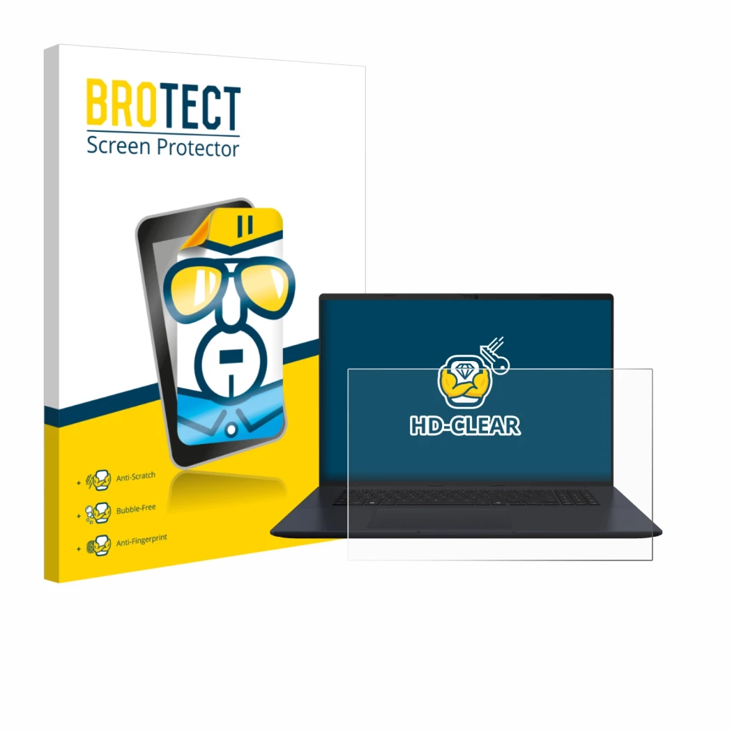 Parte frontal de un envase de producto con el logotipo de la marca BROTECT. Al lado se muestra el dispositivo ASUS Vivobook 18