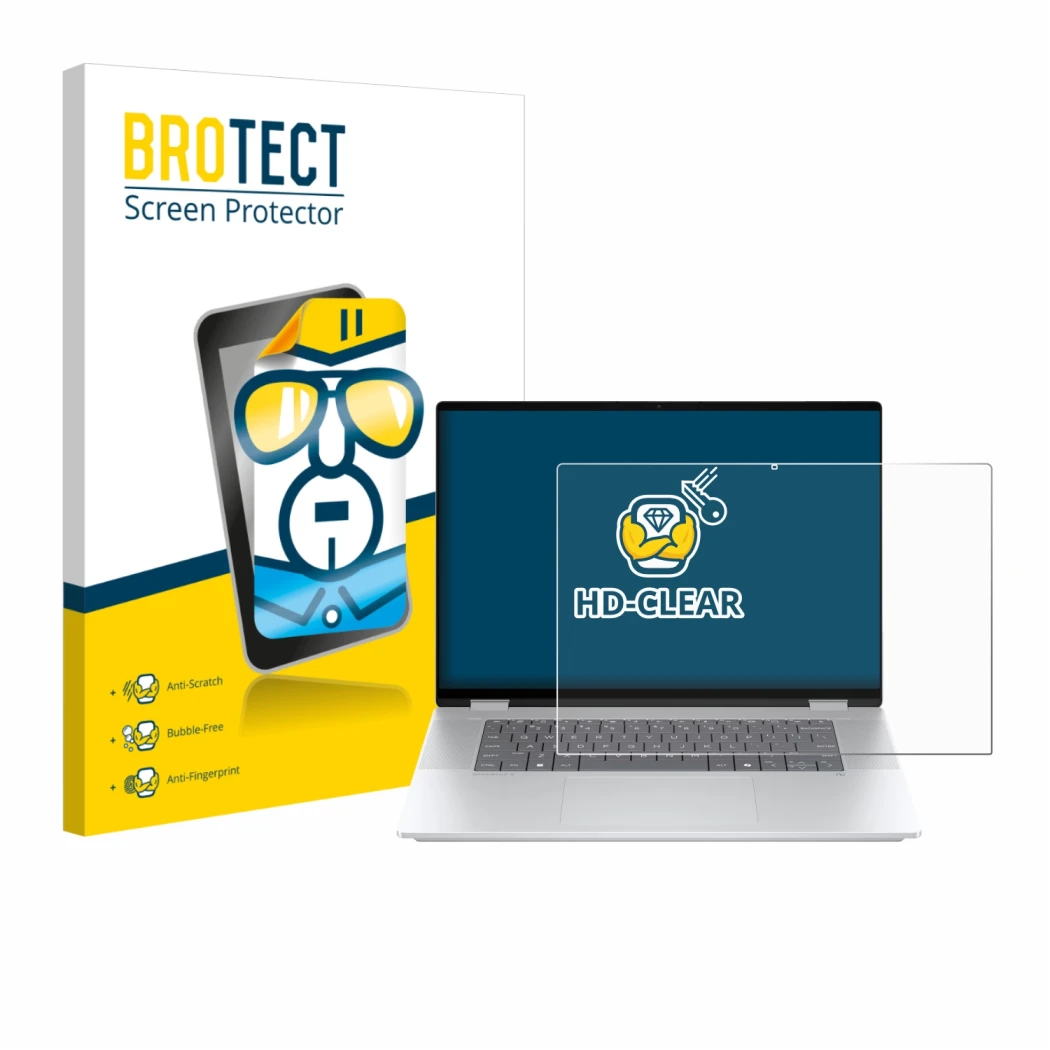 Parte frontal de un envase de producto con el logotipo de la marca BROTECT. Al lado se muestra el dispositivo HP OmniBook X Fl