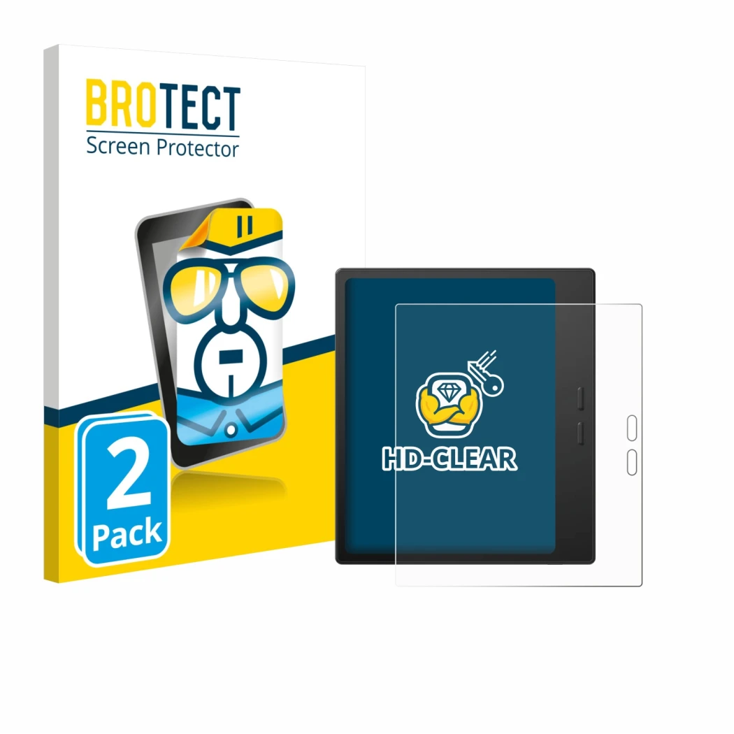 Parte frontal de un envase de producto con el logotipo de la marca BROTECT. Al lado se muestra el dispositivo Boox Go 7 con su