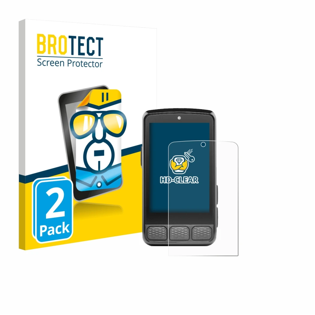 Parte frontal de un envase de producto con el logotipo de la marca BROTECT. Al lado se muestra el dispositivo Wahoo Elemnt Roa