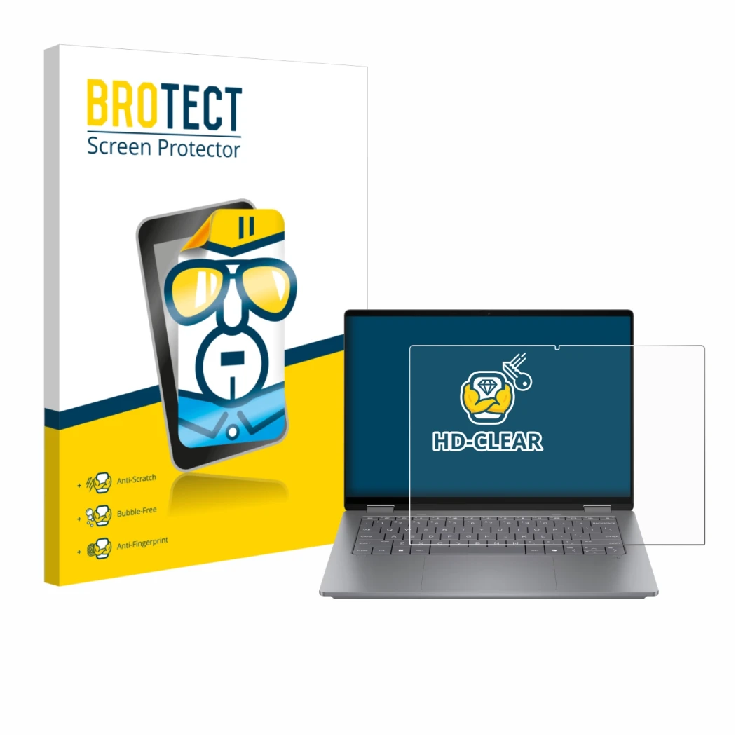 Parte frontal de un envase de producto con el logotipo de la marca BROTECT. Al lado se muestra el dispositivo HP OmniBook X Fl