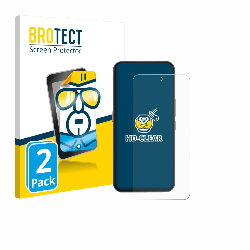 Parte frontal de un envase de producto con el logotipo de la marca BROTECT. Al lado se muestra el dispositivo Oukitel WP200 Pr