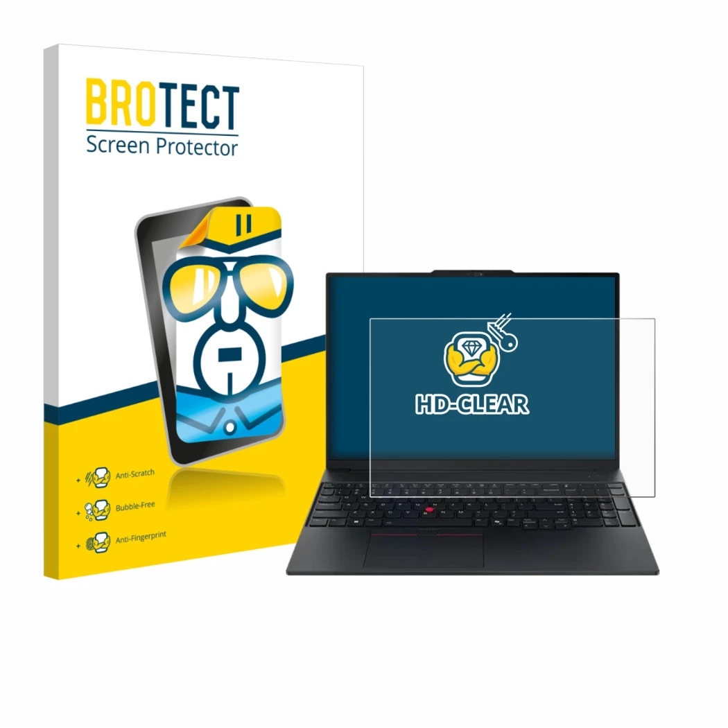 Parte frontal de un envase de producto con el logotipo de la marca BROTECT. Al lado se muestra el dispositivo Lenovo ThinkPad 